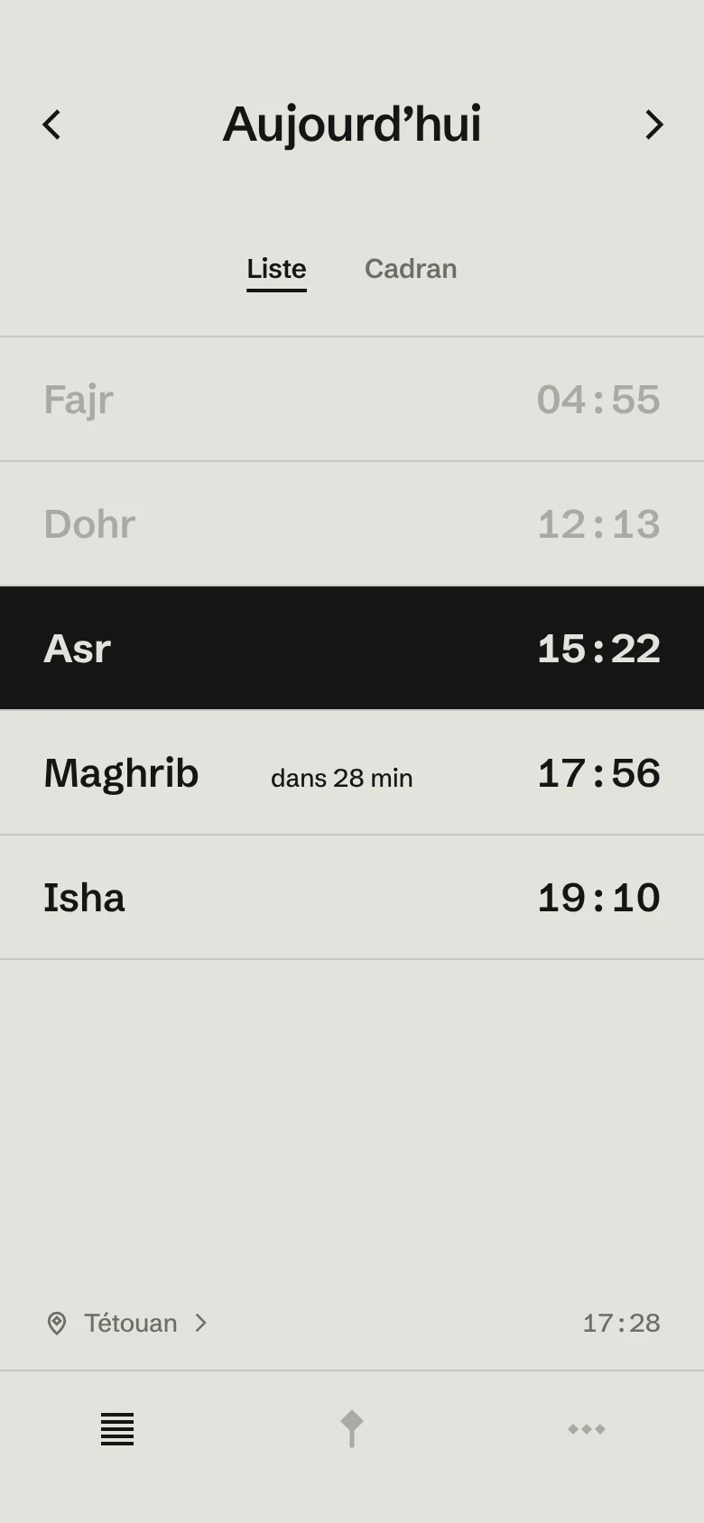Prayer list with the time left before Maghrib