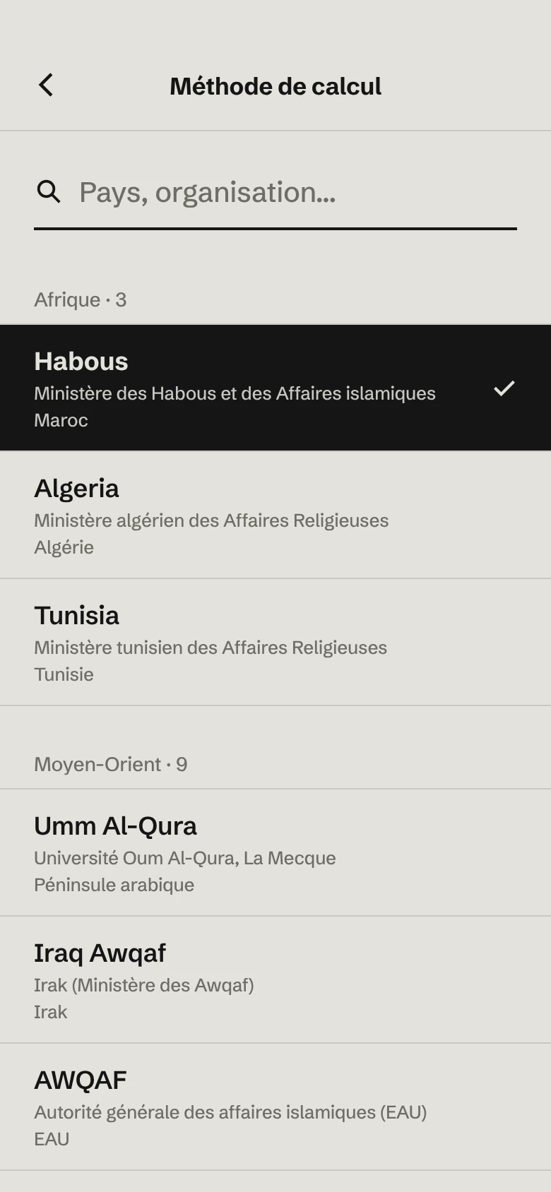 Calculation methods: Habous for Morocco, selected, then the official methods by region